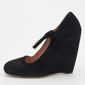 Miu Miu Black Suede Square Toe Mary Jane Wedge Pumps Size 38