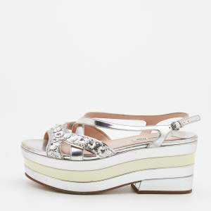 Miu Miu Silver Leather And Glitter Embellished Wedge Platform Slingback Sandals Size 37