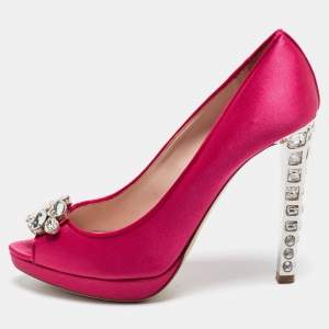 Miu Miu Hot Pink Satin Crystal Embellished Heel Peep-Toe Platform Pumps Size 38