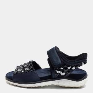 Miu Miu Navy Blue Satin And Fabric Crystal Embellished Ankle Strap Sandals Size 37.5