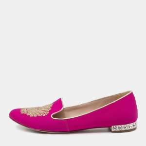 Pre Owned Miu Miu Pink Canvas Crest Crystal Embellished Smoking Slippers Size 38