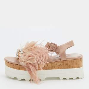 Miu Miu Pink Satin And Feather Crystal Embellished Platform Sandals Size 38.5