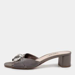 Miu Miu Grey Satin and Canvas Knot Crystal Embellished Slide Sandals Size 39.5