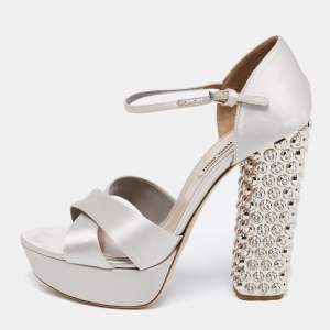 Miu Miu Grey Satin Crystal Embellished Block Heel Ankle Strap Platform Sandals Size 39