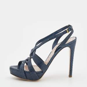Miu Miu Navy Blue Python Embossed Leather Strappy Platform Sandals Size 38.5