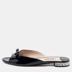 Pre Owned Miu Miu Black Patent Leather Bow Embellished Slides Size 37