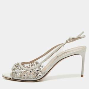 Miu Miu Grey PVC And Satin Crystal Embellished Slingback Sandals Size 38.5