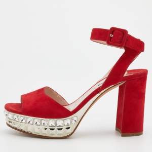 Miu Miu Red Suede Crystal Embellished Platform Ankle-Strap Sandals Size 38.5