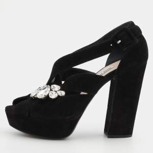 Miu Miu Black Suede Crystal Embellished Platform Sandals Size 38.5