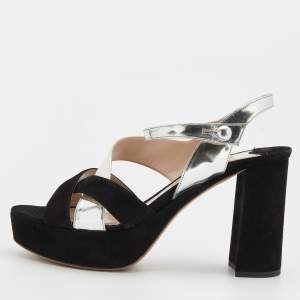 Miu Miu Black/Silver Suede And Leather Platform Ankle Strap Sandals Size 39