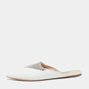 Miu Miu White Leather Crystal Embellished Mules Size 40