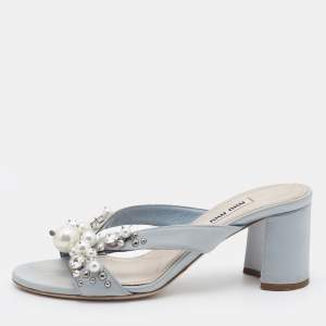 Miu Miu Grey Crystal And Pearl Embellished Satin Block Heel Slide Sandals Size 35.5