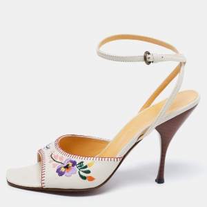 Miu Miu Off-White Leather Floral Embroidery Ankle Strap Sandals Size 39