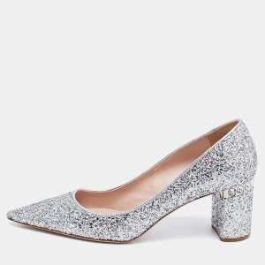 Miu Miu Metallic Silver Glitter Pointed Toe Embellished Block Heel Pumps Size 40