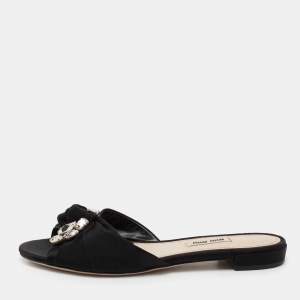 Miu Miu Black Fabric Crystal Embellished Knot Flat Slide Sandals Size 38