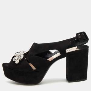 Miu Miu Black Suede Crystal Embellished Block Heel Platform Sandals Size 37.5