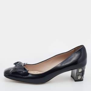Miu Miu Black Patent Leather Bow Crystal Embellished Heel Pumps Size 37.5