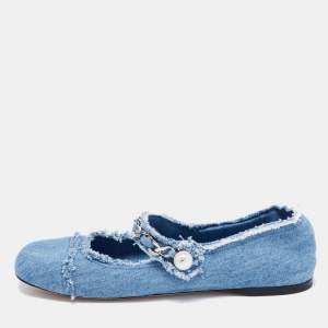 Pre Owned  Miu Miu Blue Denim Chain Strap Mary Jane Ballet Flats Size 40