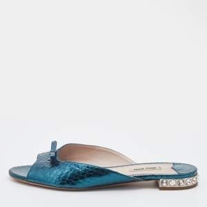Miu Miu Metallic Green Python Embossed Leather Bow Detail Jeweled Heel Flat Slide Sandals Size 39