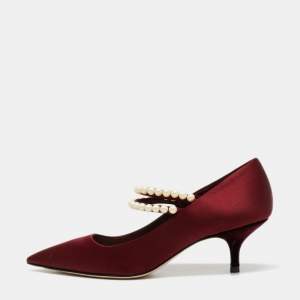 Miu Miu Burgundy Satin Faux Pearl Embellished Pumps Size 36