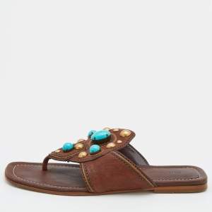 Miu Miu Dark Brown Leather Stone Studded Thong Flat Sandals Size 37