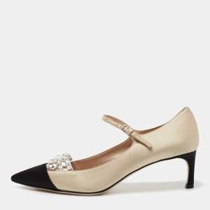 Miu Miu Beige/Black Satin Crystal Embellished Mary Jane Pumps Size 36