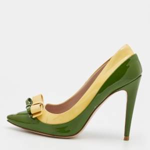 Miu Miu Green/Yellow Patent Leather Bow Pointed Toe Pumps Size 36