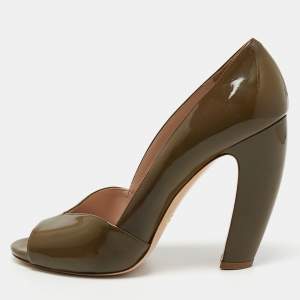 Miu Miu Olive Green Patent Leather Open Toe Pumps Size 40
