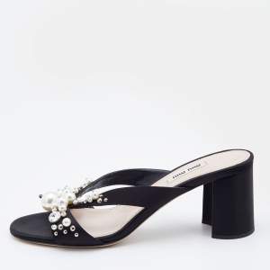 Miu Miu Black Satin Crystal And Pearl Embellished Slide Sandals Size 38.5
