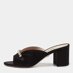 Miu Miu Black Satin Crystal Embellished Block Heel  Sandals Size 38