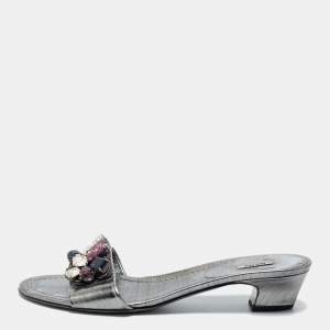 Miu Miu Metallic Grey Leather Crystal Embellished Slide Sandals Size 40