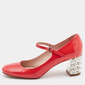 Miu Miu Coral Pink Patent Leather Crystal Embellished Block Heel Mary Jane Pumps Size 37