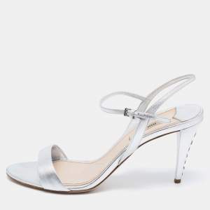 Miu Miu Silver Leather Crystal Embellished Ankle Strap Sandals Size 40.5
