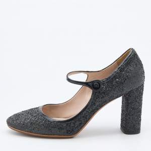Miu Miu Black Glitter and Patent Leather Mary Jane Pumps Size 38
