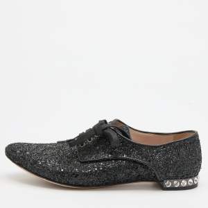 Miu Miu Black Glitter Crystal Embellished Heels Lace Up Derby Size 38