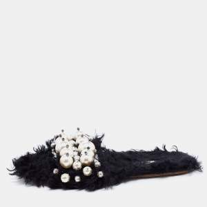 Miu Miu Black Faux Fur Pearl Embellished Slide Flats Size 38