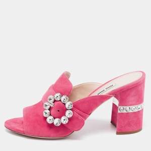Miu Miu Pink Suede Crystals Embellished Slide Sandals Size 37