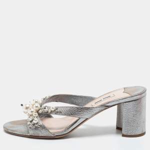 Miu Miu Silver Leather Crystal And Pearl Embellished Slide Sandals Size 40
