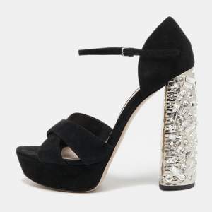 Miu Miu Black Suede Crystal Embellished Ankle Strap Sandals Size 37.5