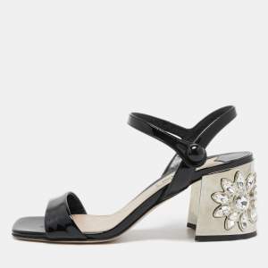 Miu Miu Black Patent Leather Crystal Embellished Block Heel Ankle Strap Sandals Size 36