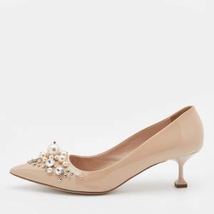 Miu Miu Beige Patent Leather Crystal and Pearl Embellished Pumps Size 39