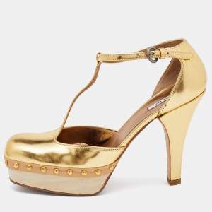 Miu Miu Metallic Gold Leather Studded Platform Sandals Size 36
