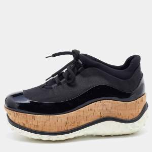 Miu Miu Black Fabric and Patent Leather Astro Cork Platform Sneakers Size 38