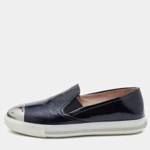 Miu Miu Black Patent Leather Metal Cap Toe Slip On Sneakers Size 37.5