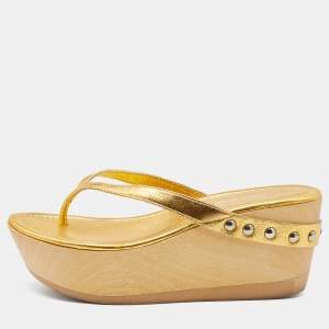 Miu Miu Gold Leather Platform Thong Flat Slides Size 37