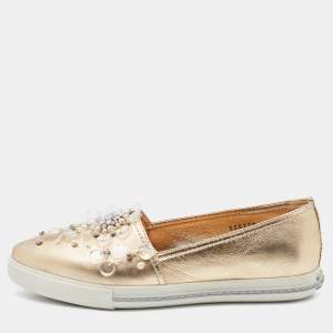 Miu Miu Gold Leather Embellished Slip On Sneakers Size 37.5