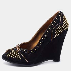 Miu Miu Black Suede Embellished Bow Wedge Pumps Size 36
