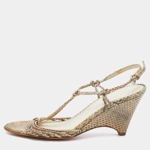 Miu Miu Cream/Brown Snakeskin Leather Strappy Wedge Sandals Size 37