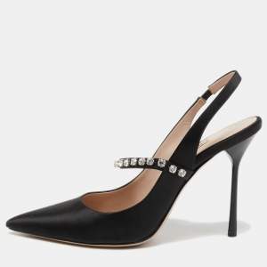 Miu Miu Black Satin Crystal Embellished Slingback Pumps Size 36.5