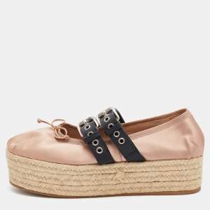Miu Miu Beige/Black Satin and Leather Belted Ballet Platform Espadrille Flats Size 39.5